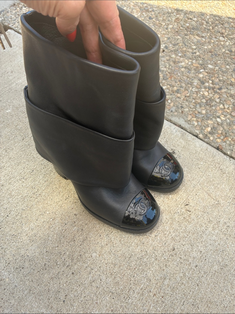 CHANEL Black Leather Fold-Over Mid-Calf Boots with Patent Cap Toe Logo